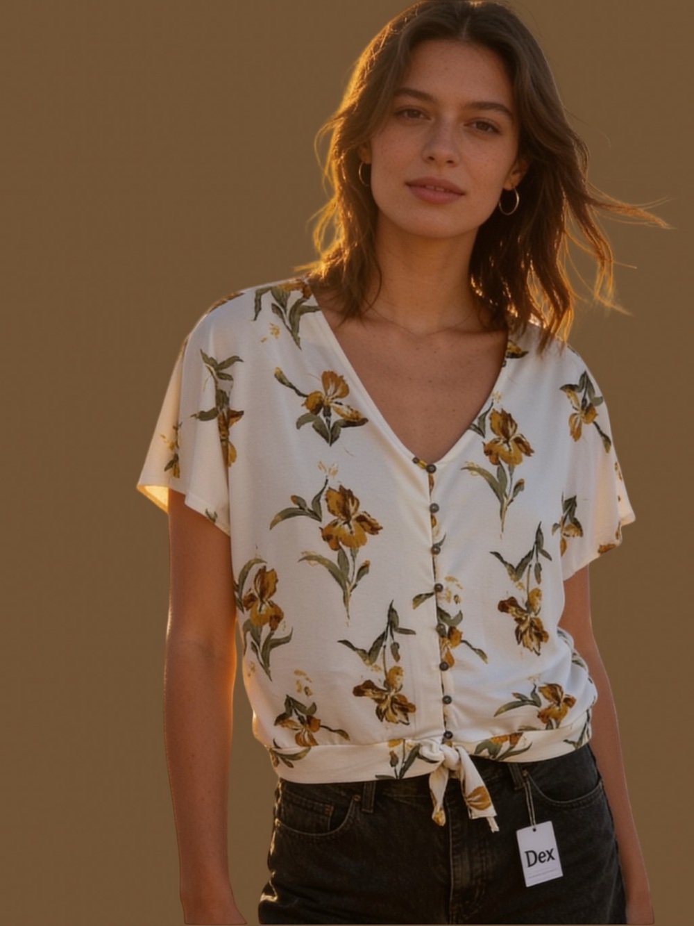 Dex Floral Button-Front Tie Hem V-Neck Top in Cream & Mustard & olive shorts
